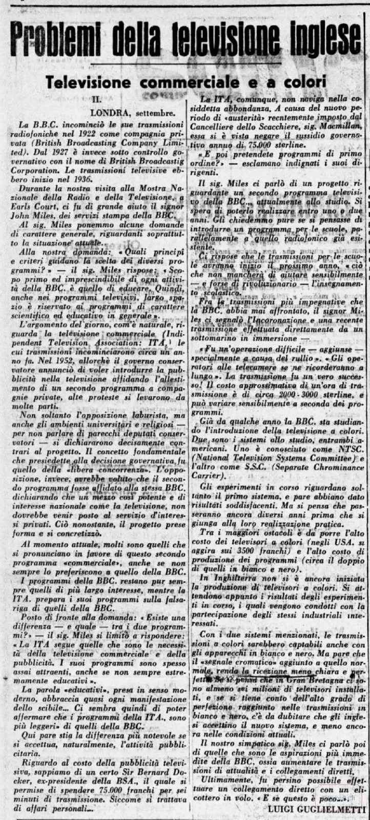Problemi e prospettive della televisione commerciale e a colori in Inghilterra, 1956