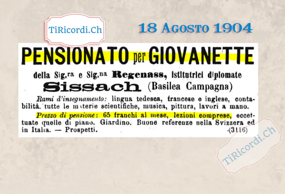 Pensionato per giovanette a Sissach: 65 franchi al mese, lezioni comprese, piano escluso, 1904