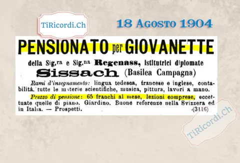 Pensionato per giovanette a Sissach: 65 franchi al mese, lezioni comprese, piano escluso, 1904