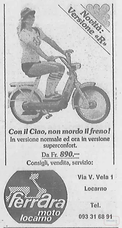 Pubblicità del Ciao Piaggio, versione "R", da Ferrara Moto Locarno, 1976