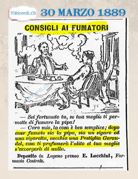 Consigli ai fumatori: la pastiglia che profuma l'alito e la moglie non s'accorge di nulla, 1889
