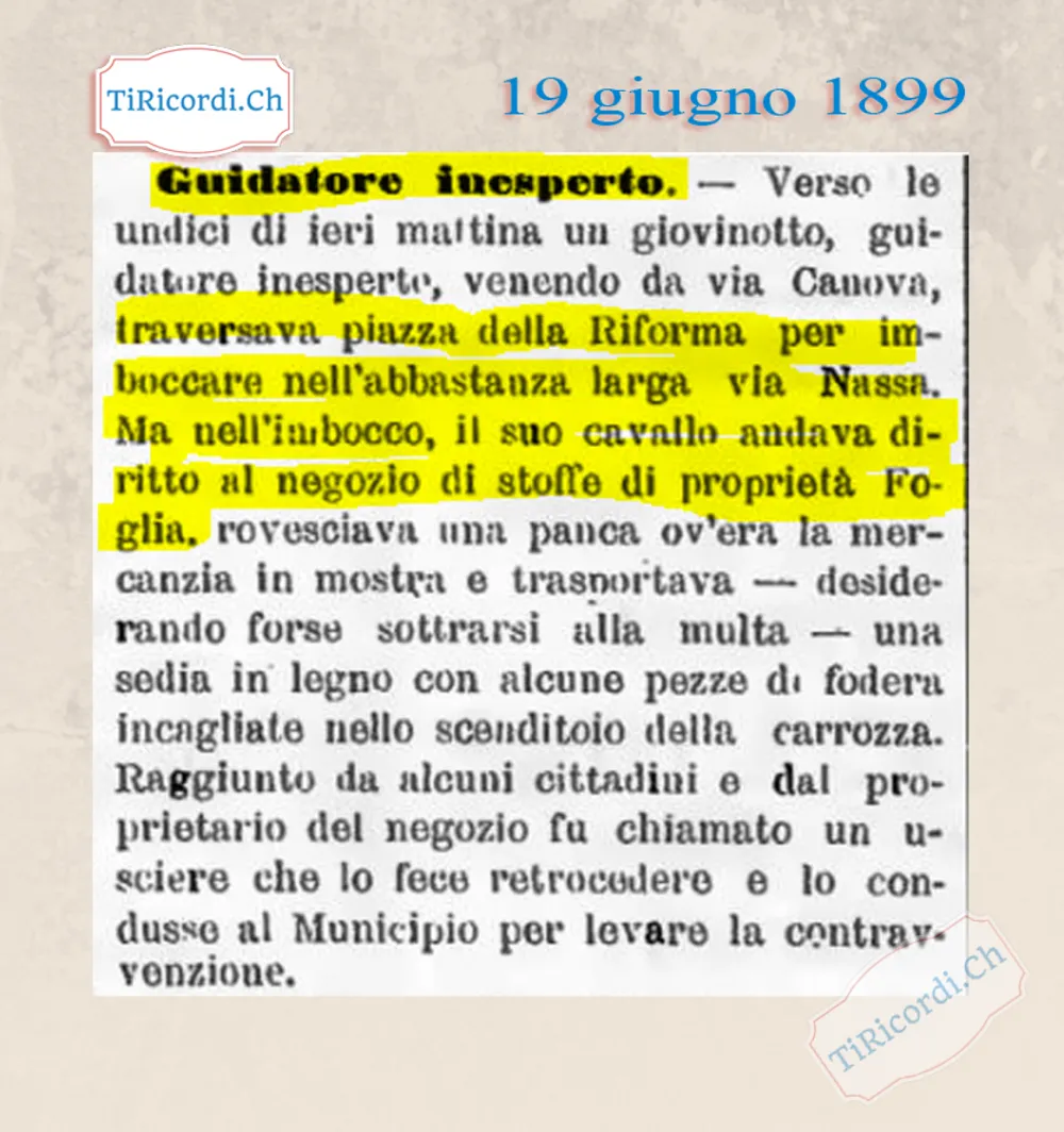 Guidatore inesperto: il cavallo entra nel negozio di stoffe Foglia in via Nassa, 1899