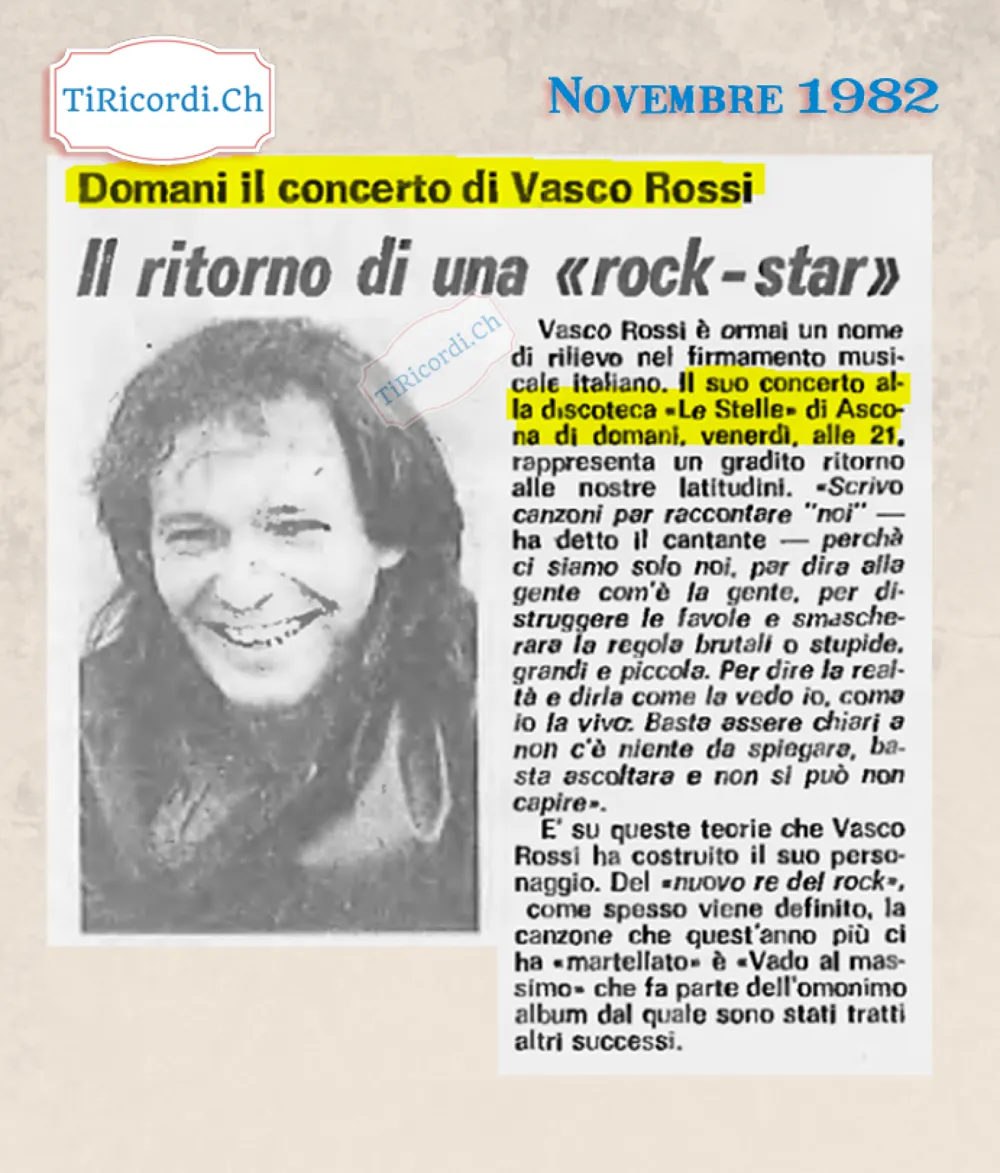 Il ritorno di una rock star: Vasco Rossi in concerto alla discoteca Le Stelle di Ascona, novembre 1982