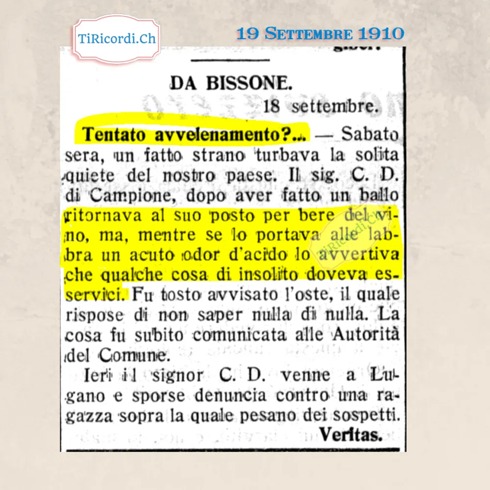 Tentato avvelenamento? Un acuto odore d'acido nel bicchiere di vino, dopo un ballo a Bissone, 1910