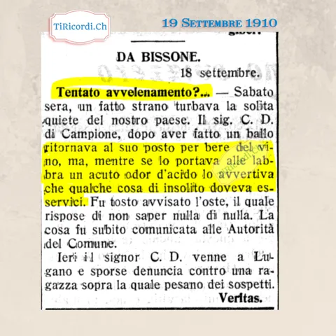 Tentato avvelenamento? Un acuto odore d'acido nel bicchiere di vino, dopo un ballo a Bissone, 1910