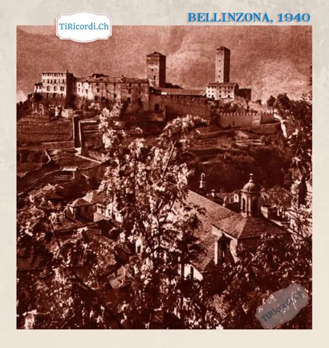 Bellinzona 1940: Castelgrande con le sue due torri, la cinta murata e la cupola della Collegiata visti dall'alto