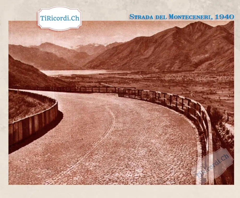 Strada del Monte Ceneri, 1940: il tornante lastricato in porfido con il parapetto in legno e, in fondo, il Piano di Magadino e il lago Maggiore