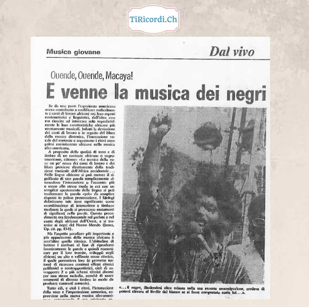 Musica giovane, dal vivo: un lungo articolo sulle origini africane del blues e del jazz, con un titolo che oggi nessun giornale potrebbe stampare, 1973