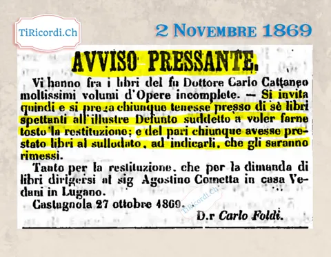 Restituite i libri di Carlo Cattaneo, avviso pressante, 1869