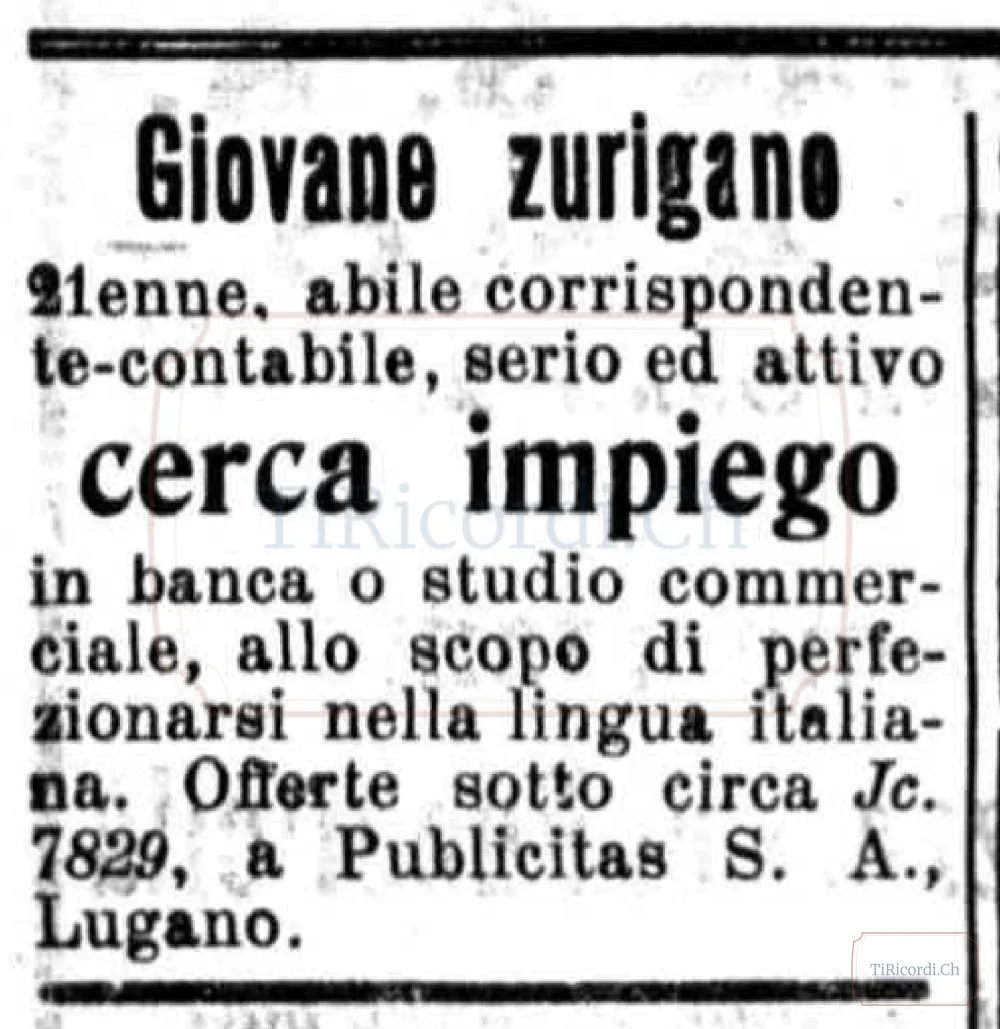 Giovane zurighese cerca impiego in banca o studio commerciale per imparare l’italiano, 1916