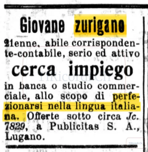 Giovane zurighese cerca impiego in banca o studio commerciale per imparare l’italiano, 1916