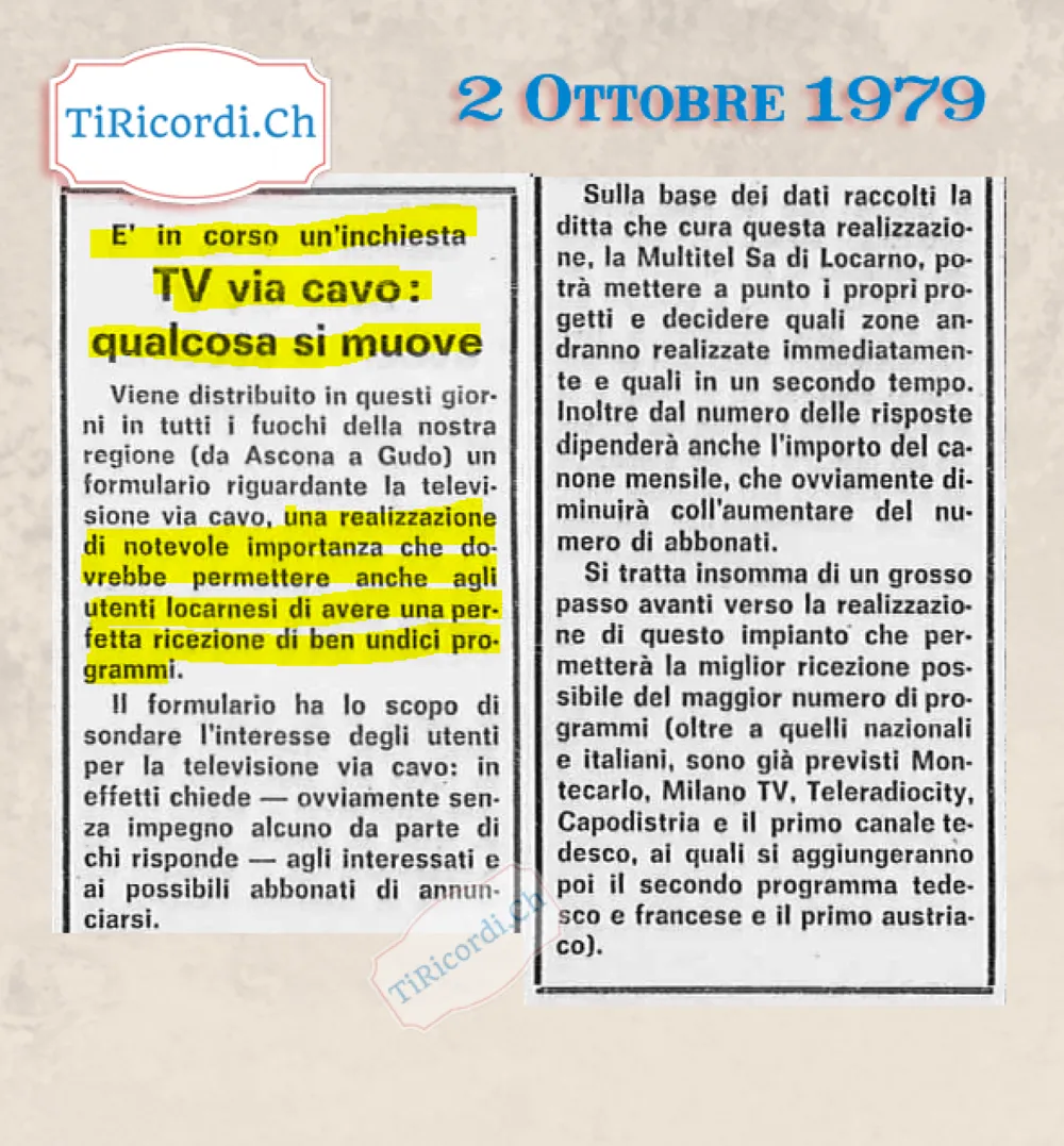 TV via cavo, qualcosa si muove: un formulario distribuito da Ascona a Gudo sonda l'interesse per undici programmi, fra cui Montecarlo, Milano TV, Capodistria e i canali tedeschi, 1979