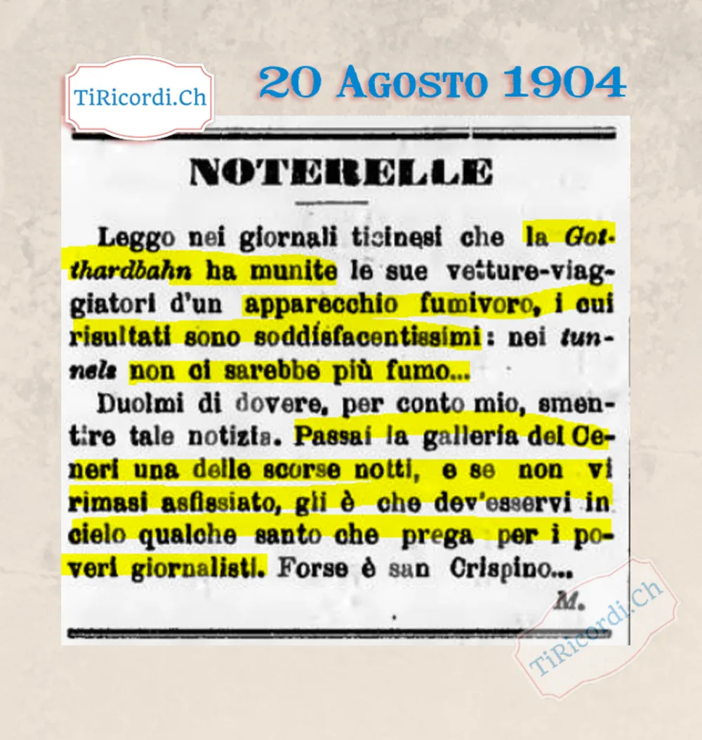 Noterelle: la Gotthardbahn ha l'apparecchio fumivoro? Passai la galleria del Ceneri e non rimasi asfissiato per miracolo, 1904