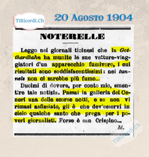 Noterelle: la Gotthardbahn ha l'apparecchio fumivoro? Passai la galleria del Ceneri e non rimasi asfissiato per miracolo, 1904