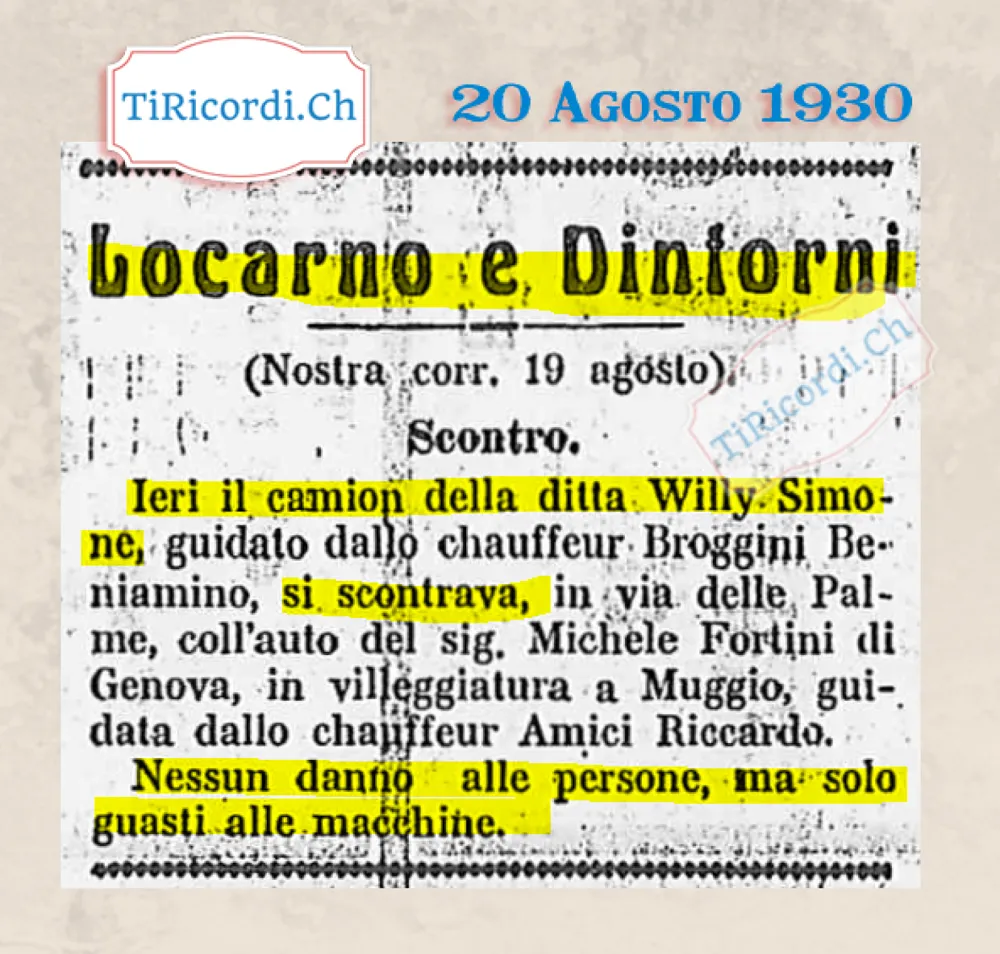Scontro in via delle Palme: il camion della ditta Willy Simone contro l'auto del signor Fortini di Genova, in villeggiatura a Muggio. Nessun danno alle persone, ma solo guasti alle macchine, 1930