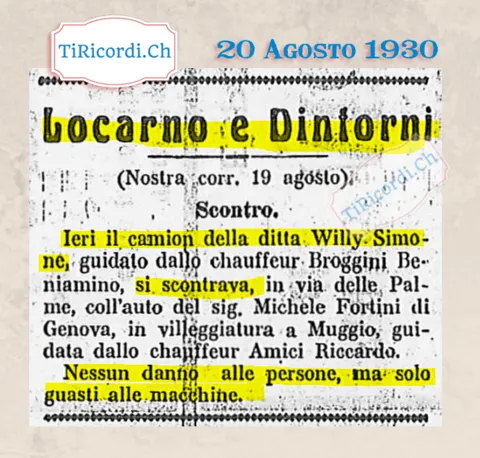 Scontro in via delle Palme: il camion della ditta Willy Simone contro l'auto del signor Fortini di Genova, in villeggiatura a Muggio. Nessun danno alle persone, ma solo guasti alle macchine, 1930