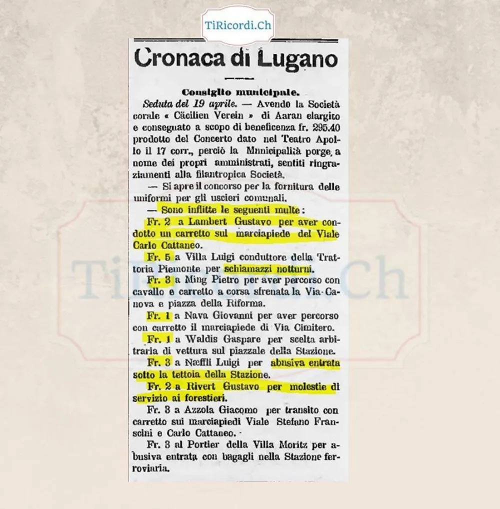 Le multe del Municipio di Lugano: 5 franchi per schiamazzi notturni, 3 per corsa sfrenata col cavallo, 1898
