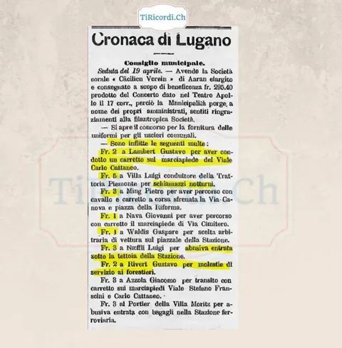 Le multe del Municipio di Lugano: 5 franchi per schiamazzi notturni, 3 per corsa sfrenata col cavallo, 1898