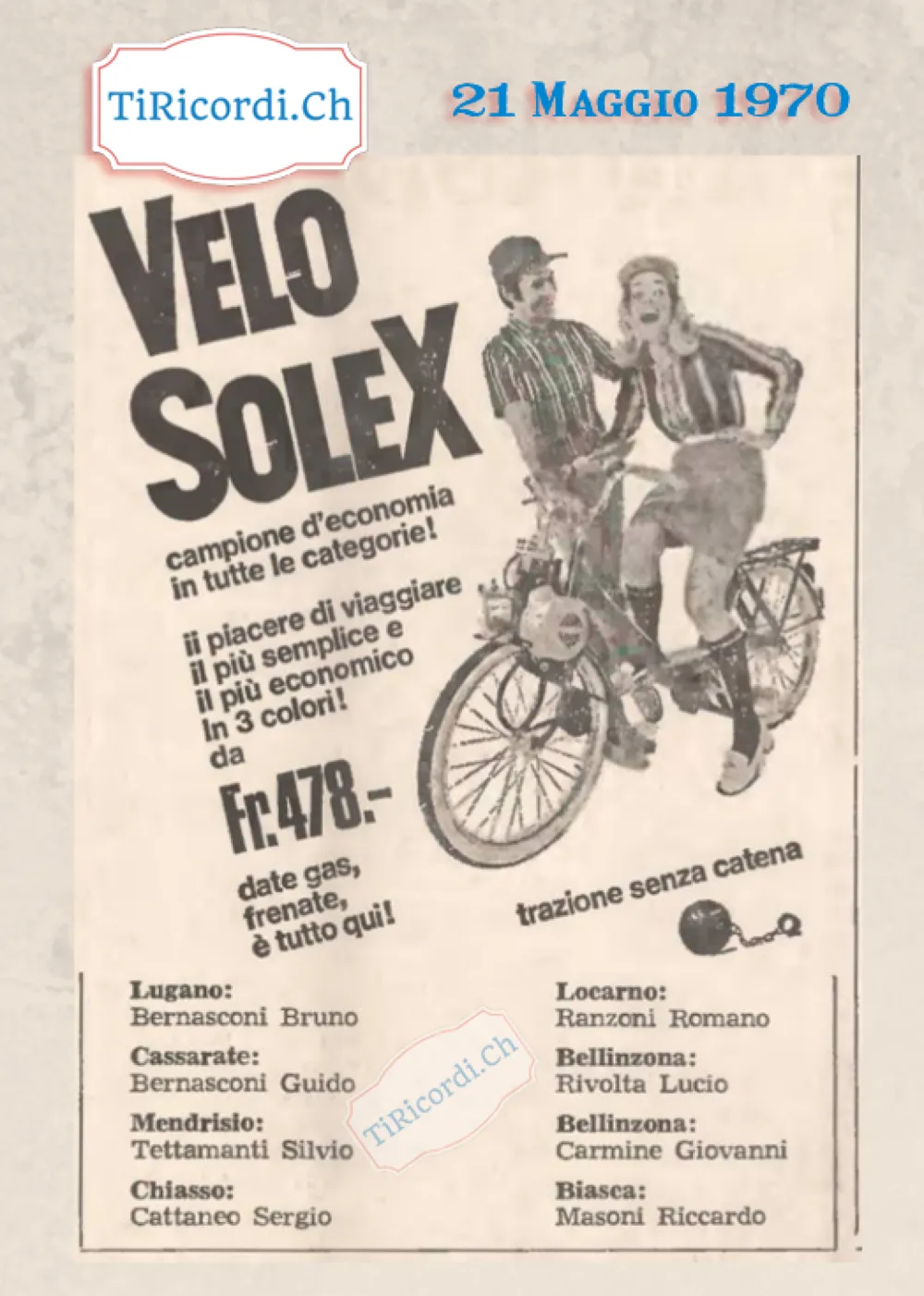 VeloSolex, campione d'economia in tutte le categorie: il piacere di viaggiare il più semplice e il più economico, in 3 colori, da 478 franchi. Date gas, frenate, è tutto qui, 1970