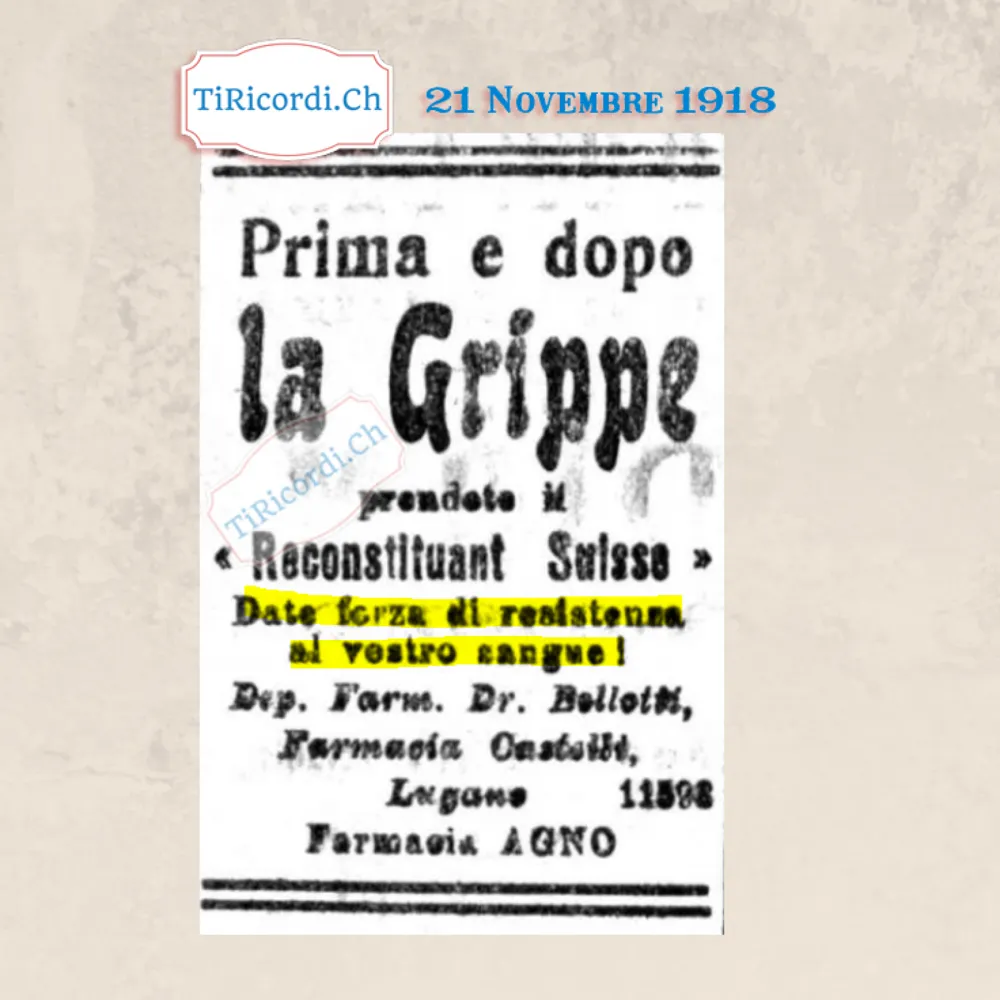 Prima e dopo la grippe prendete il Reconstituant Suisse: date forza di resistenza al vostro sangue, 1918