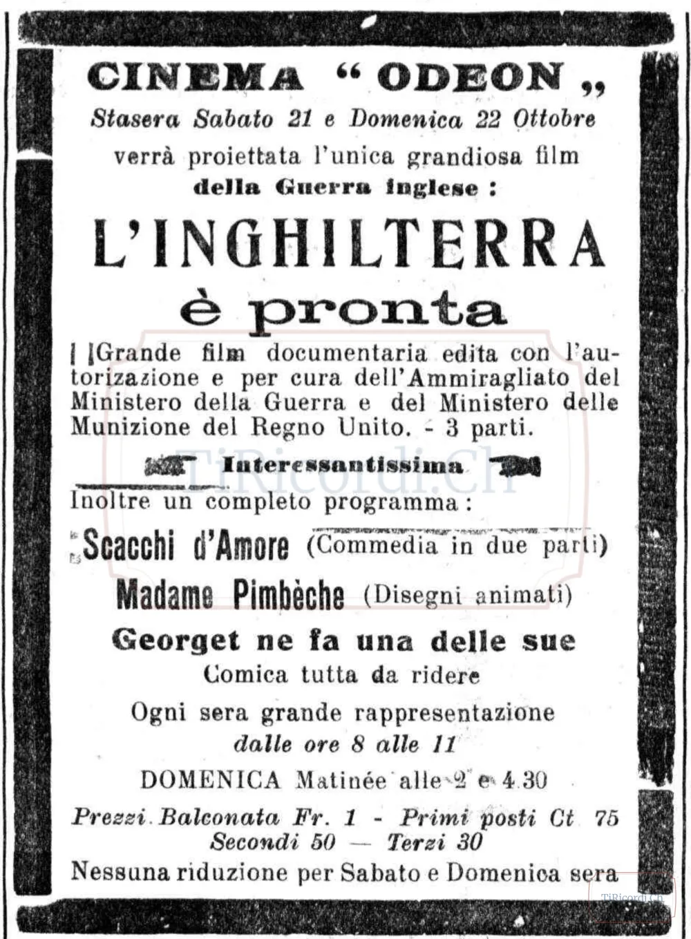 Prezzi e promesse del Cinema Odeon: "L'Inghilterra è pronta" e altri film, 1916