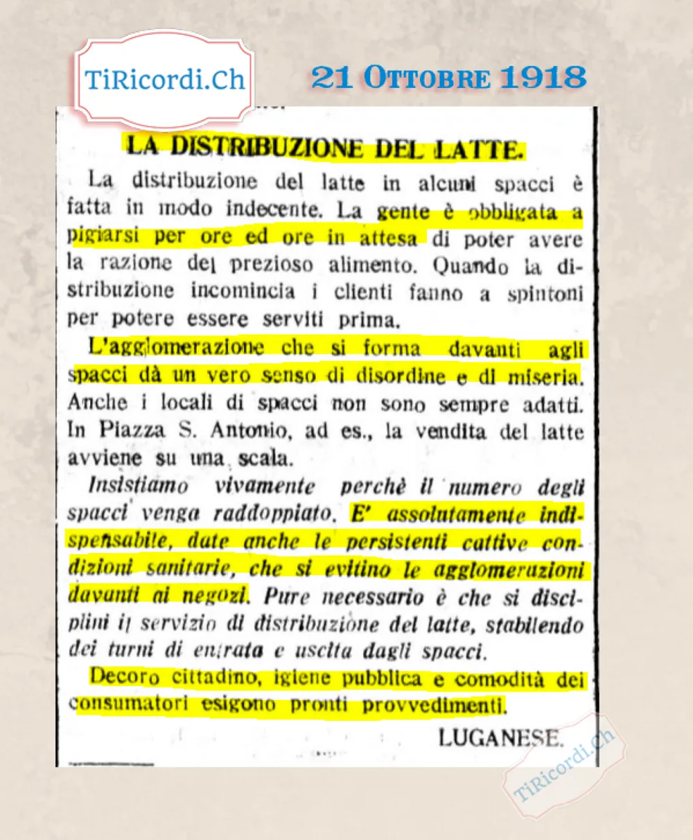 La distribuzione del latte: la gente pigiata per ore davanti agli spacci, a spintoni, e in piazza Sant'Antonio la vendita avviene su una scala, 1918
