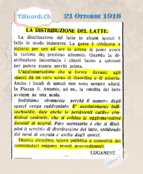 La distribuzione del latte: la gente pigiata per ore davanti agli spacci, a spintoni, e in piazza Sant'Antonio la vendita avviene su una scala, 1918