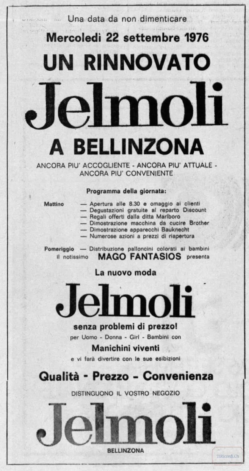 Annuncio di riapertura del grande magazzino Jelmoli a Bellinzona con eventi e promozioni, 1976
