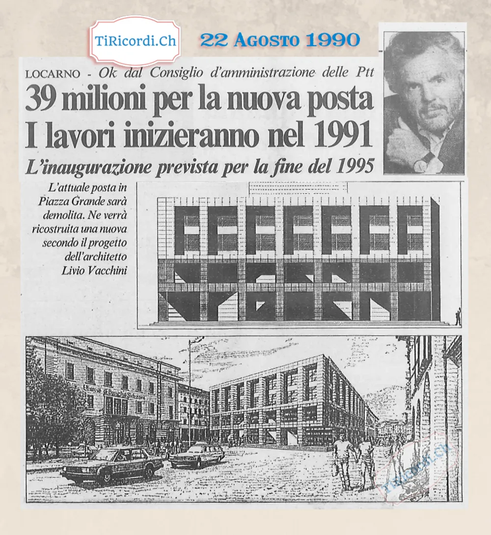 39 milioni per la nuova posta di Locarno: lavori dal 1991 su progetto di Livio Vacchini, agosto 1990