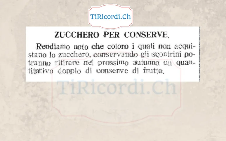 Zucchero per conserve: chi non lo acquista, conservando gli scontrini, potrà ritirare in autunno un quantitativo doppio di conserve di frutta, 1918