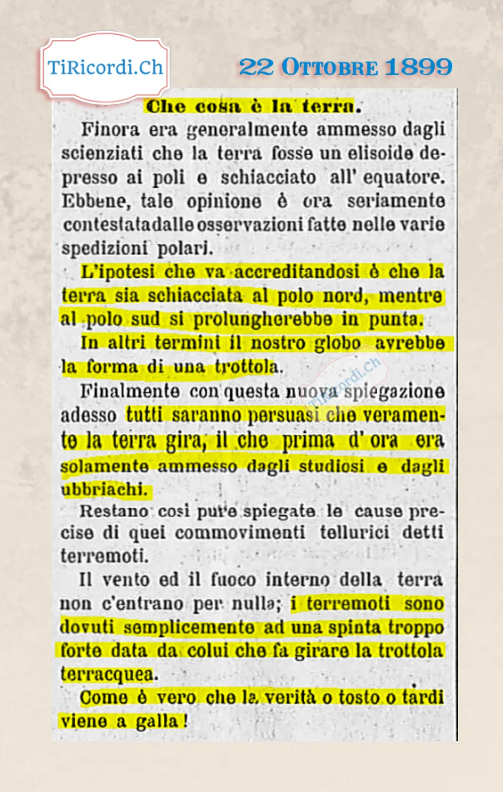 Che cosa è la terra: una trottola, e i terremoti sono una spinta troppo forte di chi la fa girare, 1899