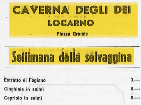Prezzi e sapori della Settimana della selvaggina alla Caverna degli Dei in Piazza Grande, 1966