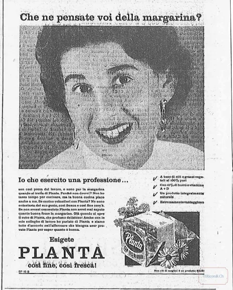 Pubblicità della margarina Planta: "così fine, così frescàl", con testimonianza di una lavoratrice, 1956