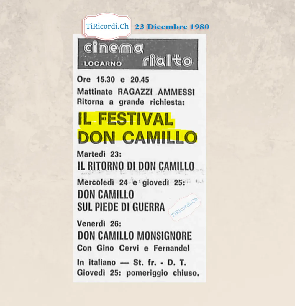 Il festival Don Camillo al Cinema Rialto di Locarno, dal 23 al 26 dicembre 1980
