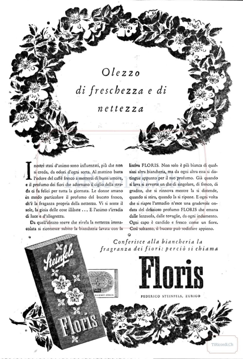 "Olezzo di freschezza e di nettezza": pubblicità della lisciva Floris, 1946