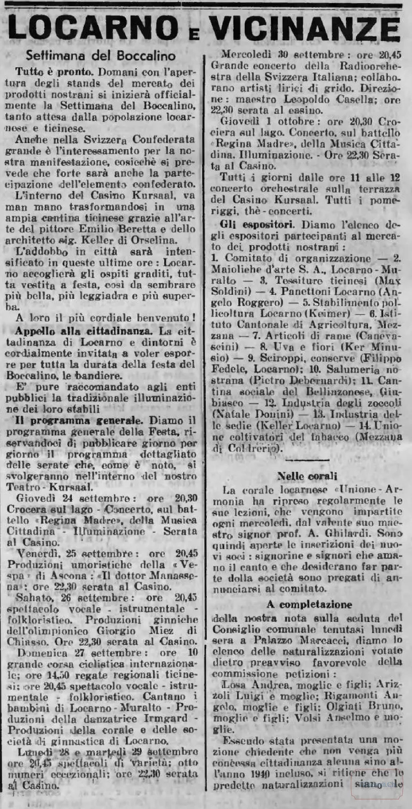 Settimana del Boccalino a Locarno: mercatino, concerti e richieste di bandiere alle finestre, 1936
