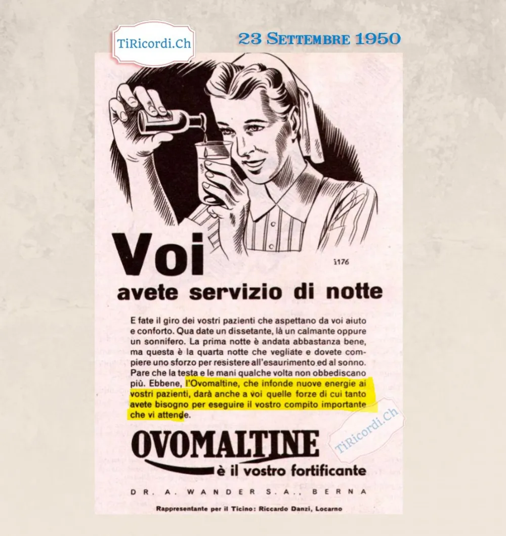 Voi avete servizio di notte: questa è la quarta notte che vegliate e dovete compiere uno sforzo per resistere all'esaurimento ed al sonno. Ebbene, l'Ovomaltine è il vostro fortificante, 1950