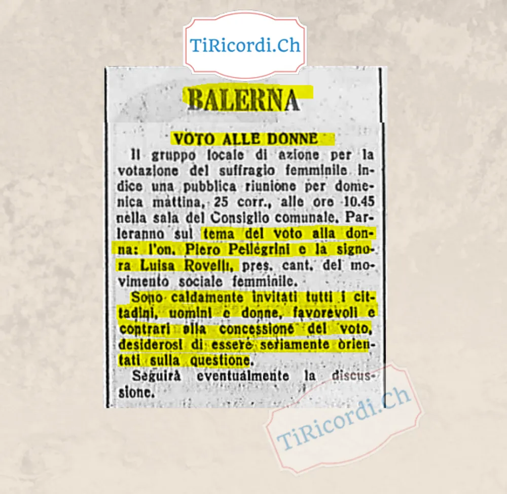 Balerna, voto alle donne: il gruppo locale di azione per il suffragio femminile indice una pubblica riunione con l'onorevole Piero Pellegrini e la signora Luisa Rovelli, 1959