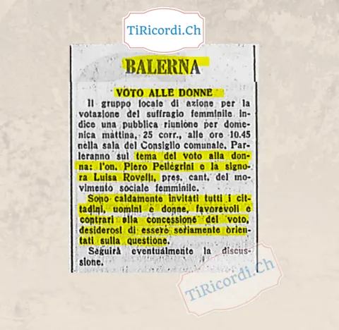 Balerna, voto alle donne: il gruppo locale di azione per il suffragio femminile indice una pubblica riunione con l'onorevole Piero Pellegrini e la signora Luisa Rovelli, 1959