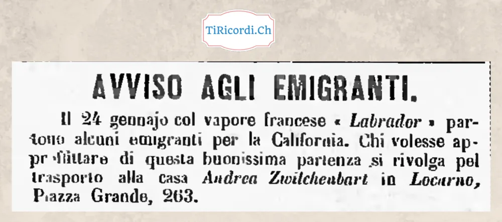 Avviso agli emigranti: il 24 gennaio parte il vapore Labrador per la California, 1883