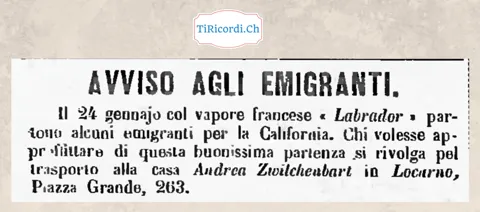 Avviso agli emigranti: il 24 gennaio parte il vapore Labrador per la California, 1883