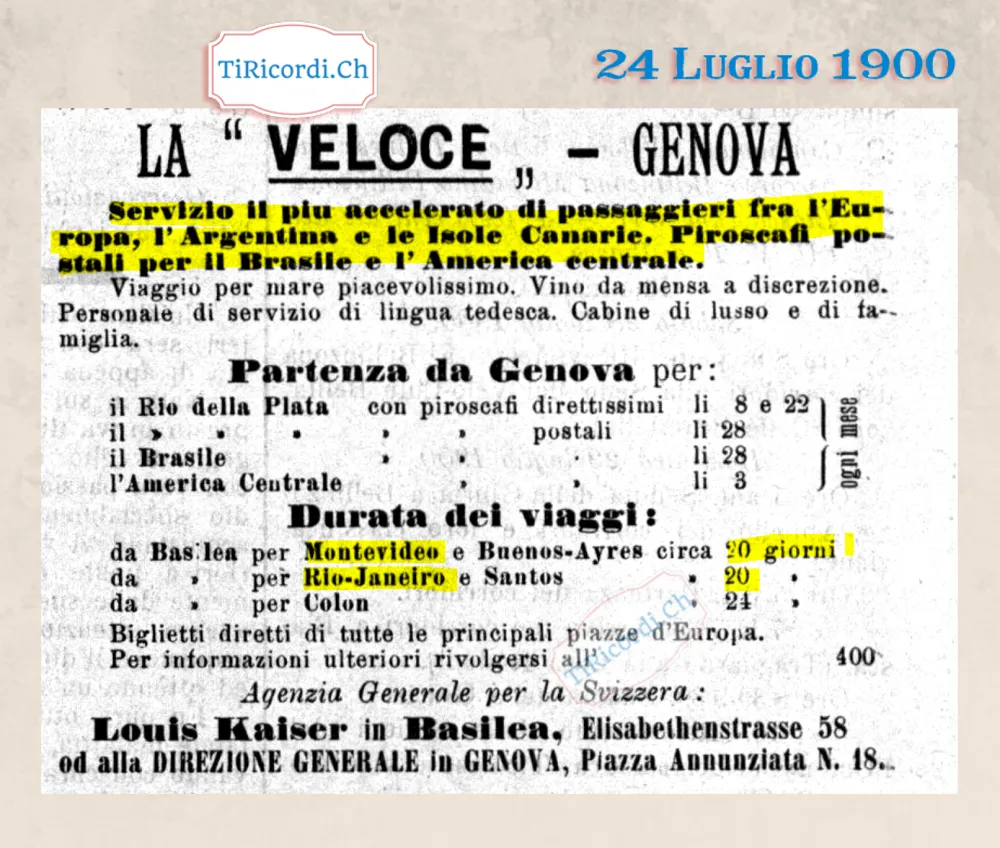 La Veloce di Genova: da Basilea a Buenos Aires in 20 giorni, vino da mensa a discrezione, 1900