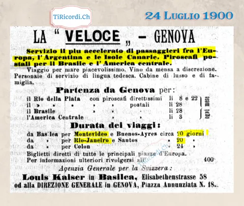 La Veloce di Genova: da Basilea a Buenos Aires in 20 giorni, vino da mensa a discrezione, 1900