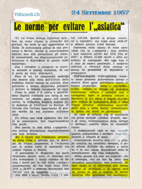 Le norme per evitare l'asiatica: evitare i raffreddamenti e la troppa stanchezza, evitare i contatti con i contagiati, disinfezione accurata della gola e della bocca, intensificare l'igiene dei denti, 1957