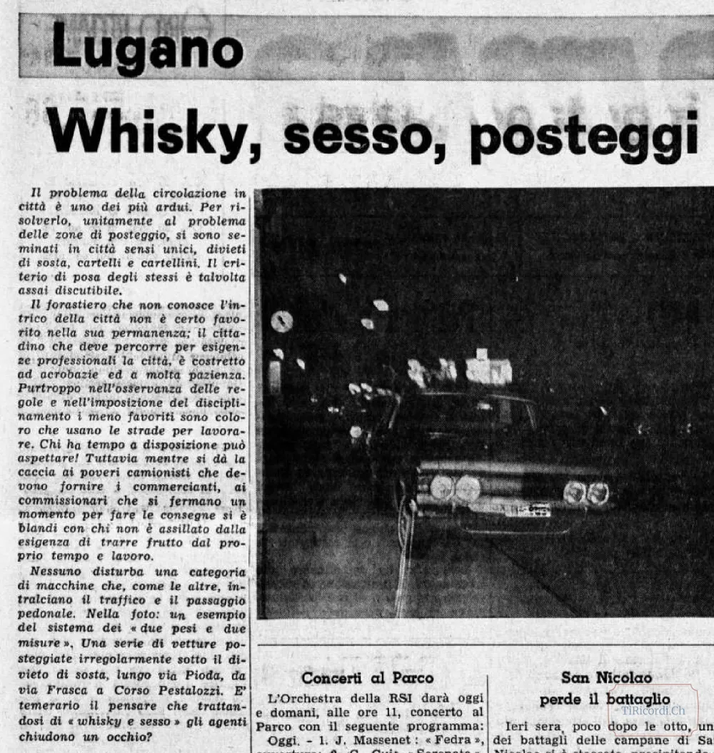 Whisky, sesso e posteggi: la circolazione e i divieti a Lugano secondo la stampa, 1966