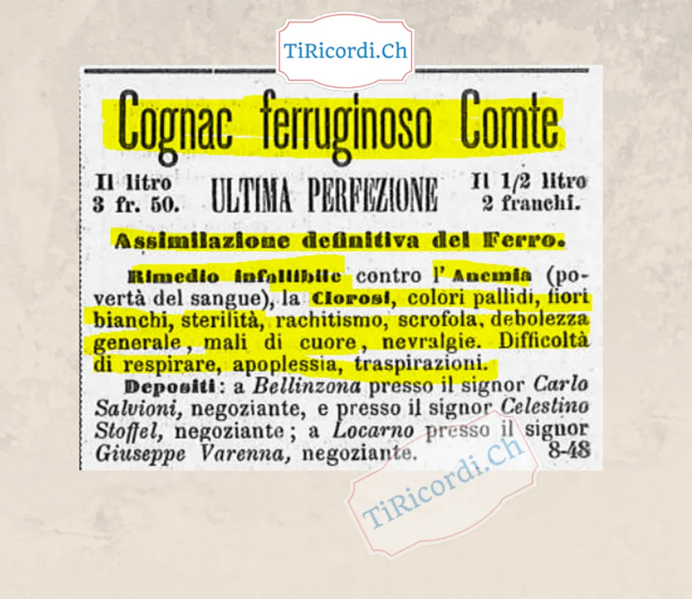 Cognac ferruginoso Comte: rimedio infallibile contro anemia, sterilità e apoplessia, 1889