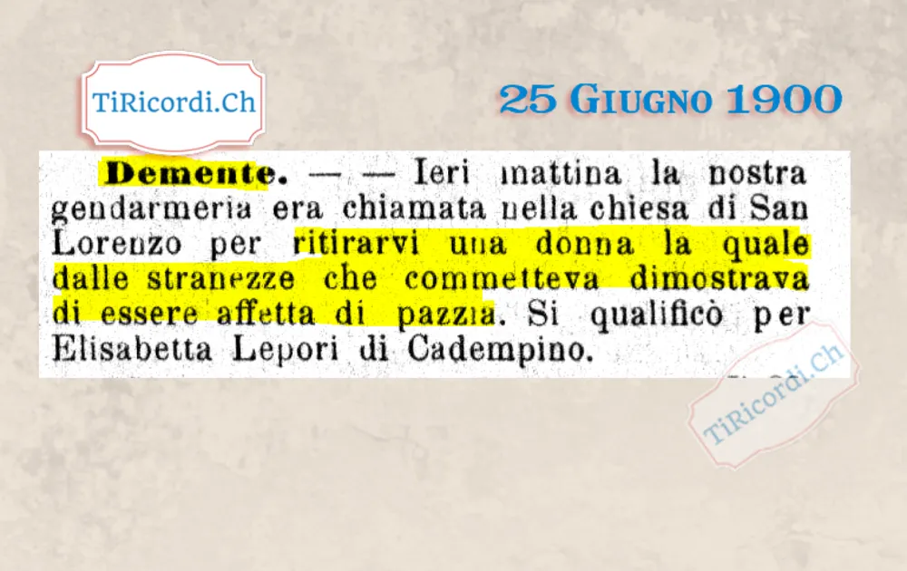 Demente: la gendarmeria ritira dalla chiesa di San Lorenzo una donna affetta da pazzia, con nome e cognome, 1900