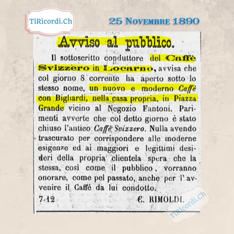 Il Caffè Svizzero di Locarno riapre nuovo e moderno, con biliardi, in Piazza Grande, 1890
