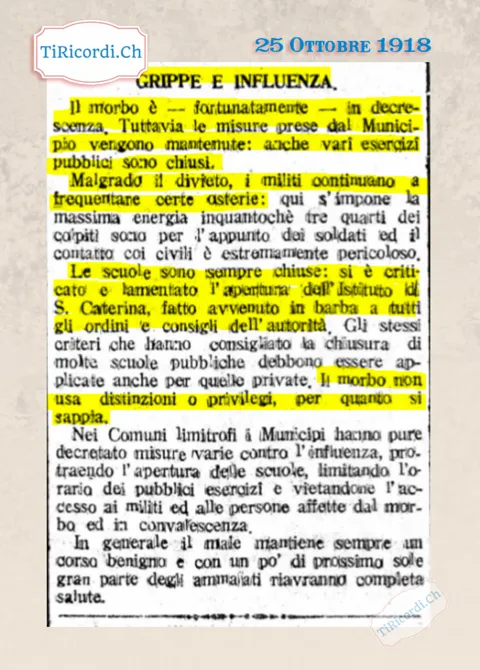 Grippe e influenza: il morbo in decrescenza, ma i militi frequentano le osterie malgrado il divieto e l'Istituto Santa Caterina ha riaperto in barba agli ordini, 1918