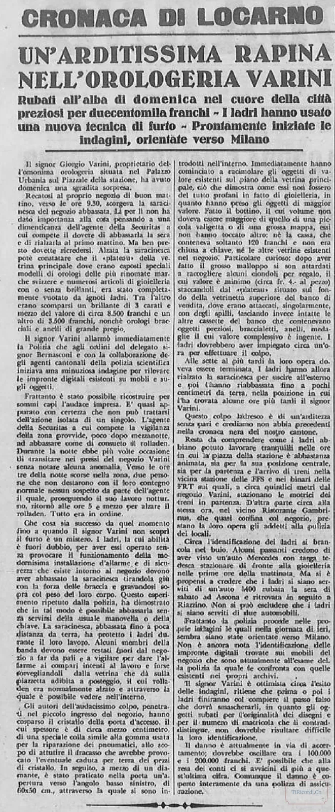 Rapina all'orologeria Varini in pieno centro a Locarno: rubati gioielli e orologi per 200'000 franchi, 1956